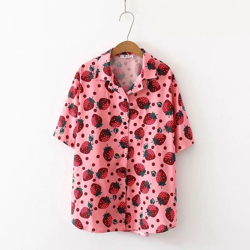 Strawberry Print Button-Up Shirt - Y2K Summer, 90s Fashion, Grunge, Retro, Pastel Goth Outfit