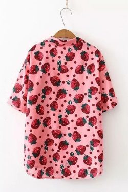 Strawberry Print Button-Up Shirt - Y2K Summer, 90s Fashion, Grunge, Retro, Pastel Goth Outfit
