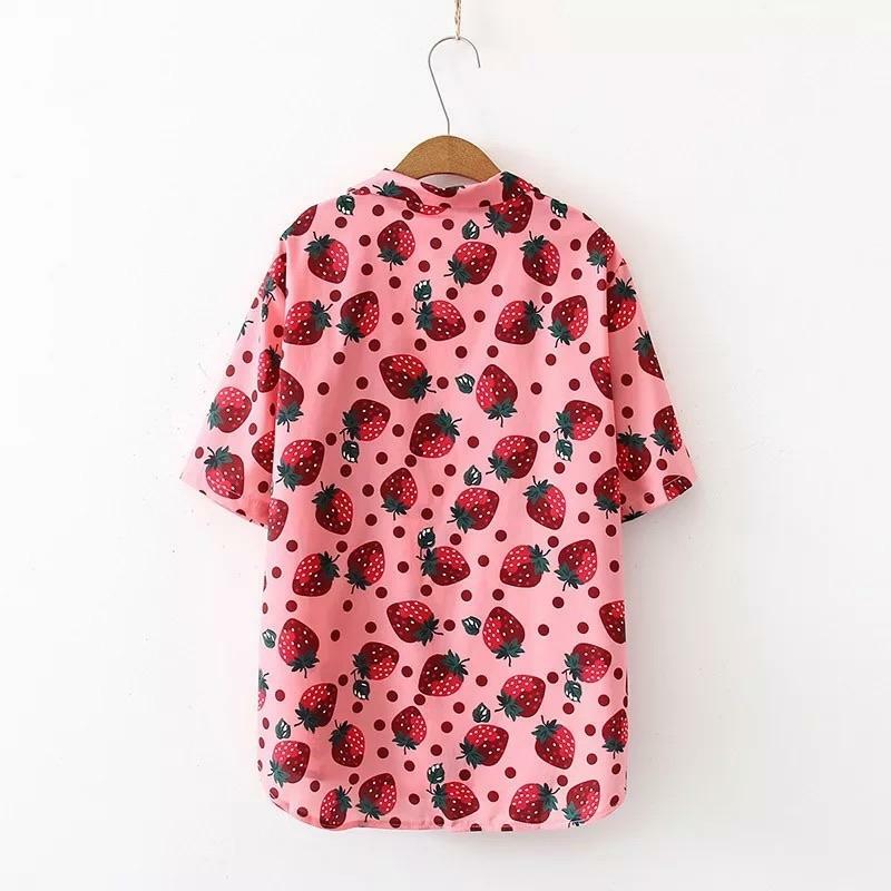 Strawberry Print Button-Up Shirt - Y2K Summer, 90s Fashion, Grunge, Retro, Pastel Goth Outfit