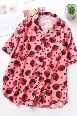Strawberry Print Button-Up Shirt - Y2K Summer, 90s Fashion, Grunge, Retro, Pastel Goth Outfit