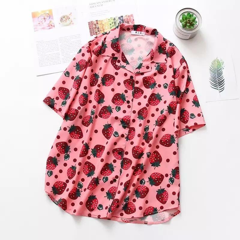 Strawberry Print Button-Up Shirt - Y2K Summer, 90s Fashion, Grunge, Retro, Pastel Goth Outfit