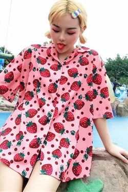 Strawberry Print Button-Up Shirt - Y2K Summer, 90s Fashion, Grunge, Retro, Pastel Goth Outfit