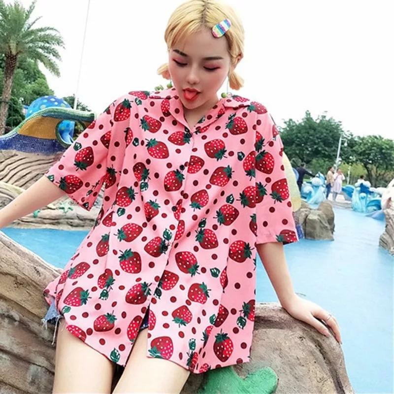 Strawberry Print Button-Up Shirt - Y2K Summer, 90s Fashion, Grunge, Retro, Pastel Goth Outfit