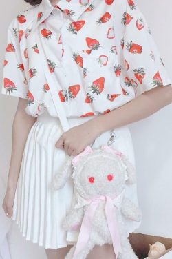 Strawberry Print Shirt - Y2K Summer Outfit, 90s Fashion, Grunge, Retro Style, Baby Tees Y2K