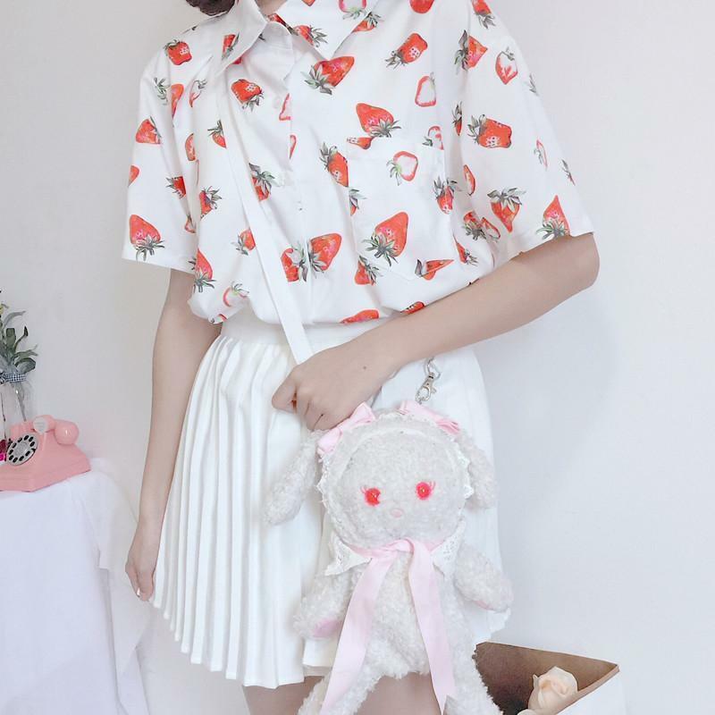 Strawberry Print Shirt - Y2K Summer Outfit, 90s Fashion, Grunge, Retro Style, Baby Tees Y2K