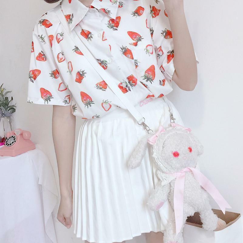 Strawberry Print Shirt - Y2K Summer Outfit, 90s Fashion, Grunge, Retro Style, Baby Tees Y2K