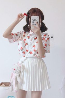 Strawberry Print Shirt - Y2K Summer Outfit, 90s Fashion, Grunge, Retro Style, Baby Tees Y2K