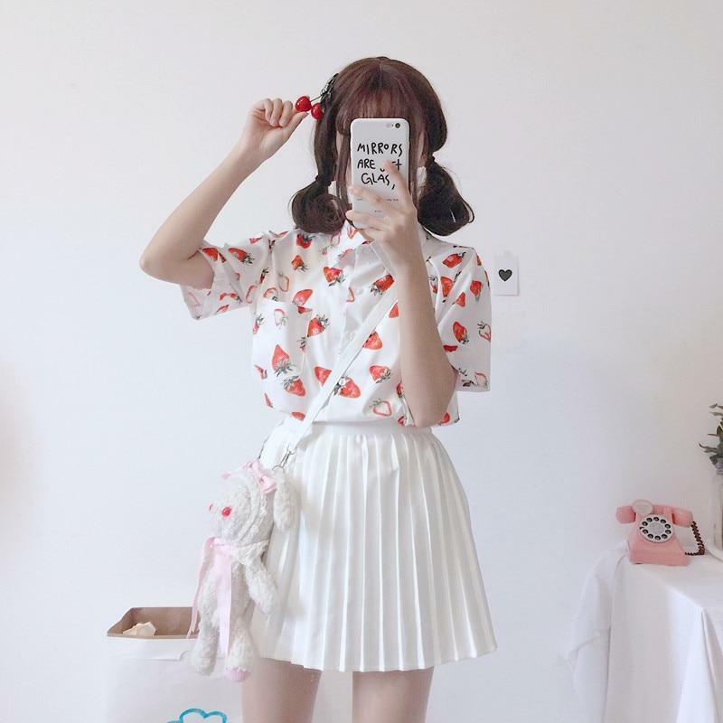 Strawberry Print Shirt - Y2K Summer Outfit, 90s Fashion, Grunge, Retro Style, Baby Tees Y2K