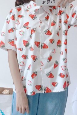 Strawberry Print Shirt - Y2K Summer Outfit, 90s Fashion, Grunge, Retro Style, Baby Tees Y2K