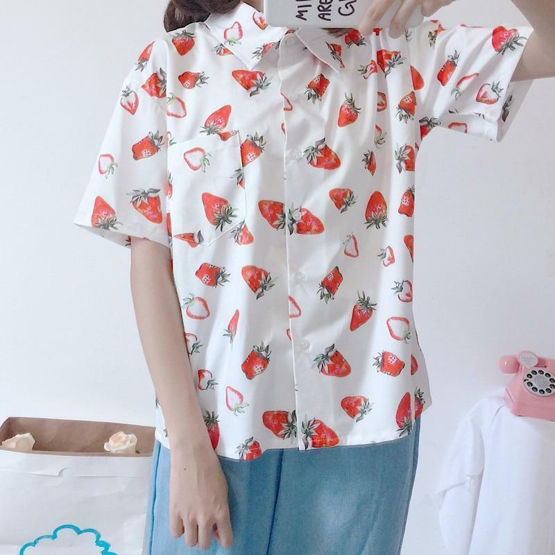 Strawberry Print Shirt - Y2K Summer Outfit, 90s Fashion, Grunge, Retro Style, Baby Tees Y2K