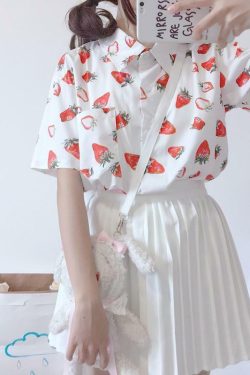 Strawberry Print Shirt - Y2K Summer Outfit, 90s Fashion, Grunge, Retro Style, Baby Tees Y2K