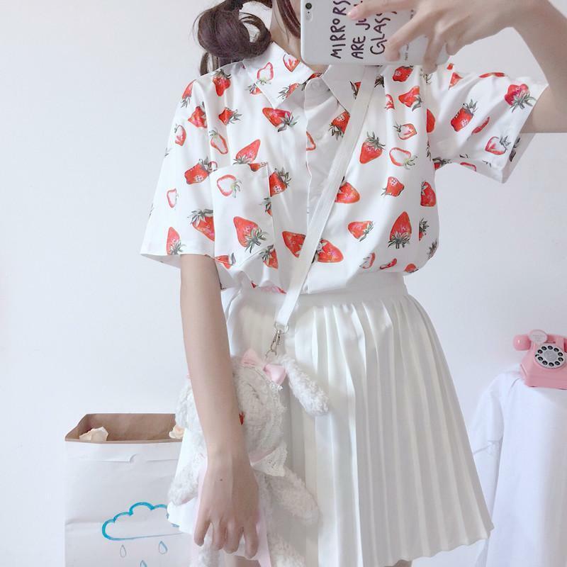 Strawberry Print Shirt - Y2K Summer Outfit, 90s Fashion, Grunge, Retro Style, Baby Tees Y2K