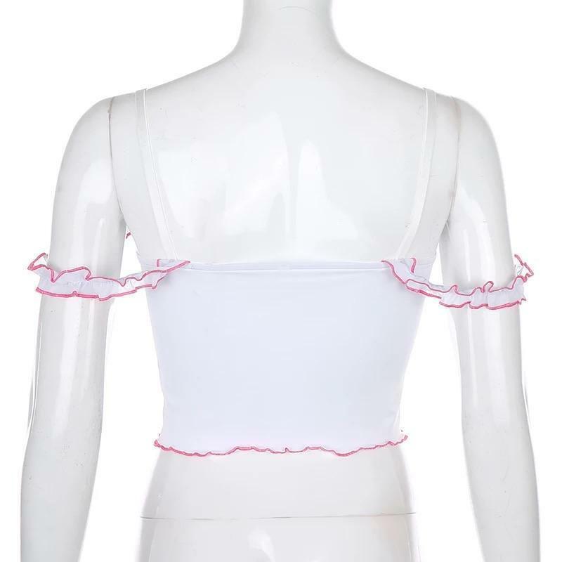 Strawberry Ruffled Crop Top - Y2K Summer, 90s Fashion, Grunge, Retro, Pastel Goth, Y2K