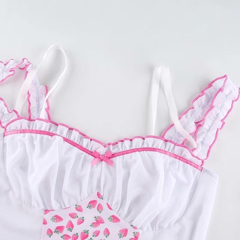 Strawberry Ruffled Crop Top - Y2K Summer, 90s Fashion, Grunge, Retro, Pastel Goth, Y2K