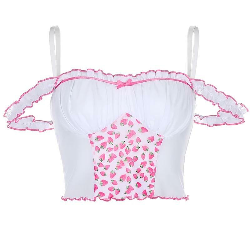 Strawberry Ruffled Crop Top - Y2K Summer, 90s Fashion, Grunge, Retro, Pastel Goth, Y2K