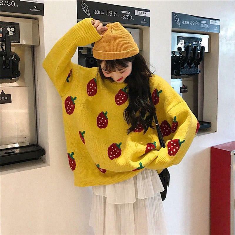 Strawberry Sweater - Y2K Summer Grunge, 90s Retro, Pastel Goth, Y2K Club & Party Outfits