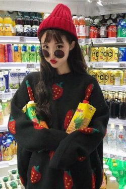 Strawberry Sweater - Y2K Summer Grunge, 90s Retro, Pastel Goth, Y2K Club & Party Outfits
