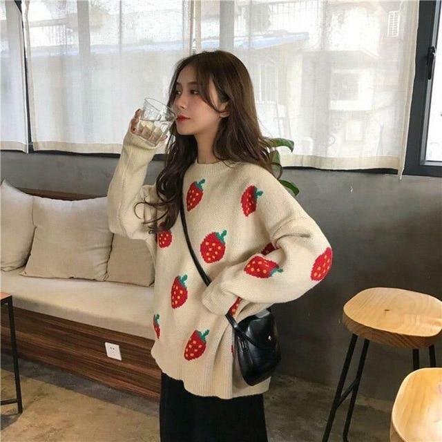 Strawberry Sweater - Y2K Summer Grunge, 90s Retro, Pastel Goth, Y2K Club & Party Outfits