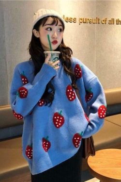 Strawberry Sweater - Y2K Summer Grunge, 90s Retro, Pastel Goth, Y2K Club & Party Outfits