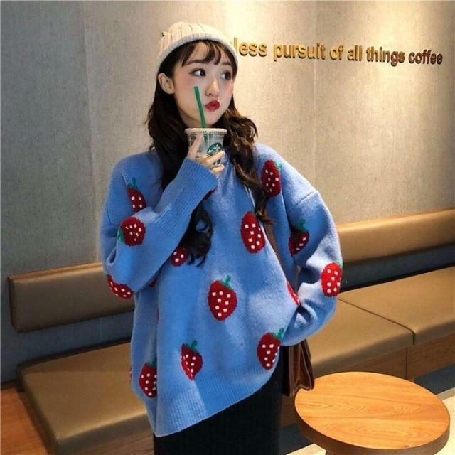 Strawberry Sweater - Y2K Summer Grunge, 90s Retro, Pastel Goth, Y2K Club & Party Outfits