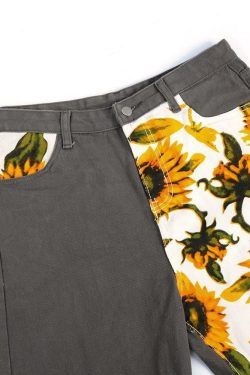Sunflower Print Flare Pants - Y2K Summer, 90s Grunge, Retro Style, Y2K Party Outfits
