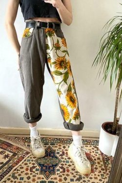 Sunflower Print Flare Pants - Y2K Summer, 90s Grunge, Retro Style, Y2K Party Outfits