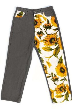 Sunflower Print Flare Pants - Y2K Summer, 90s Grunge, Retro Style, Y2K Party Outfits