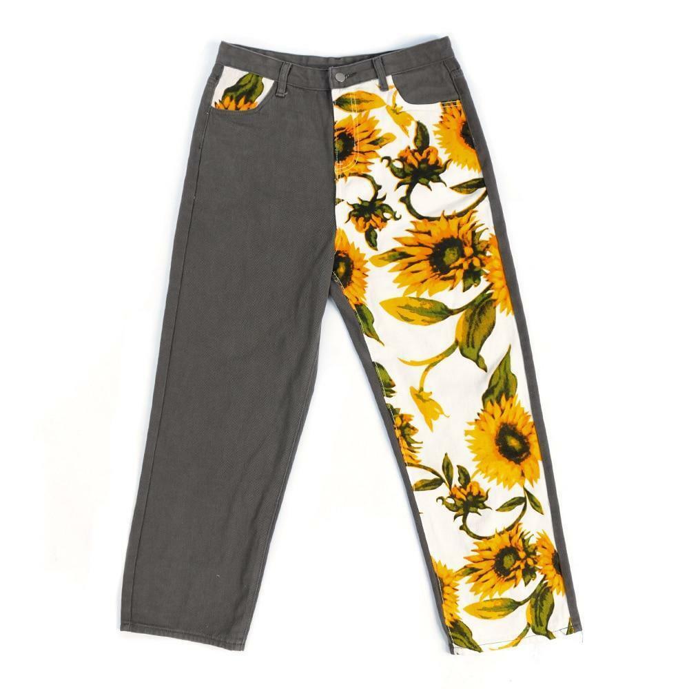 Sunflower Print Flare Pants - Y2K Summer, 90s Grunge, Retro Style, Y2K Party Outfits