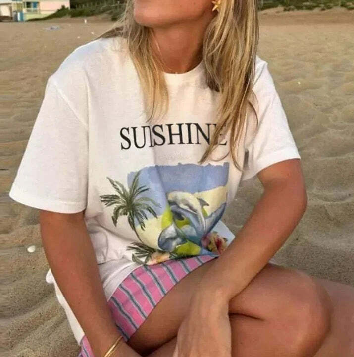 Sunshine Letter Print T-Shirt - Y2K Summer, 90s Fashion, Grunge, Retro, Pastel Goth, Baby Tees