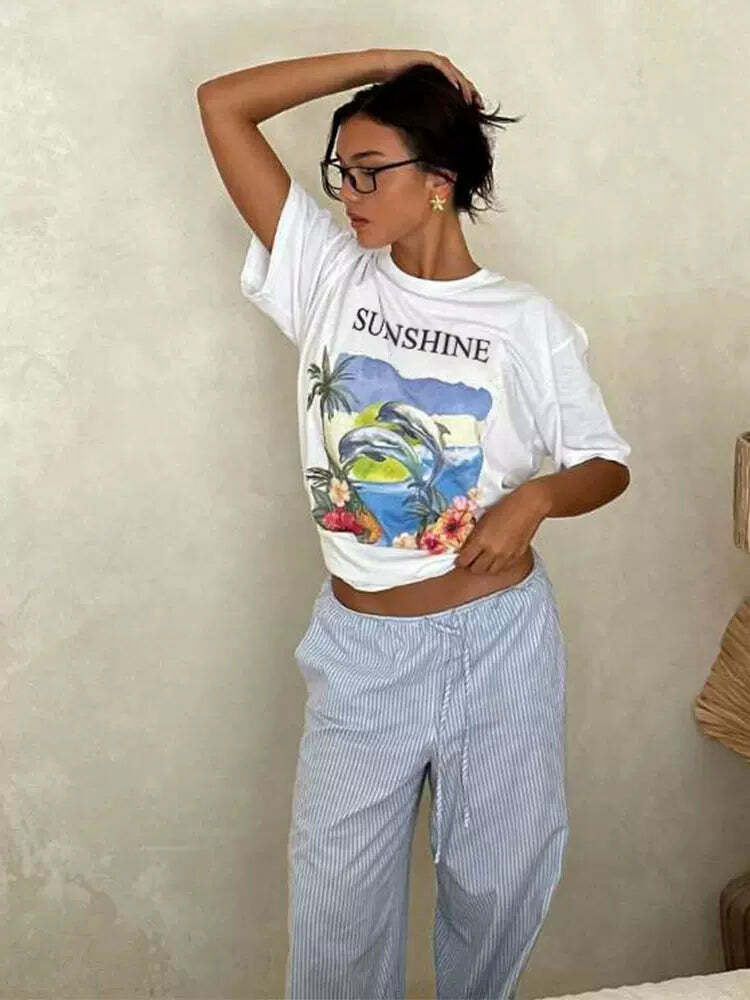 Sunshine Letter Print T-Shirt - Y2K Summer, 90s Fashion, Grunge, Retro, Pastel Goth, Baby Tees