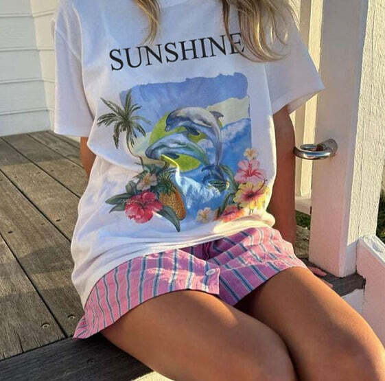Sunshine Letter Print T-Shirt - Y2K Summer, 90s Fashion, Grunge, Retro, Pastel Goth, Baby Tees