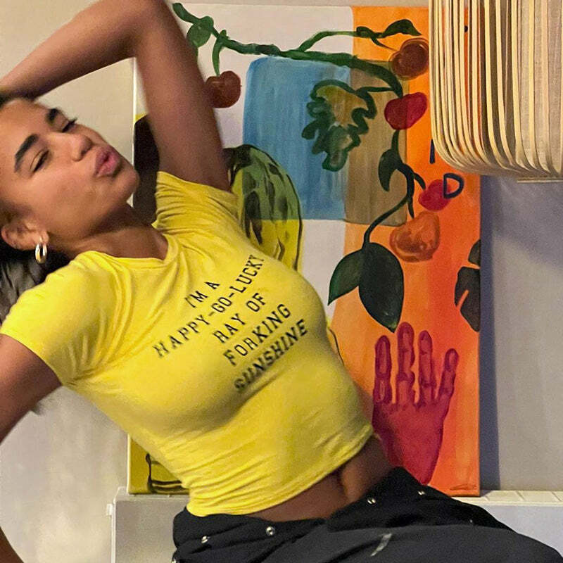 Sunshine Letter Print T-Shirt - Y2K Summer, 90s Grunge, Retro, Pastel Goth, Y2K Club Outfit