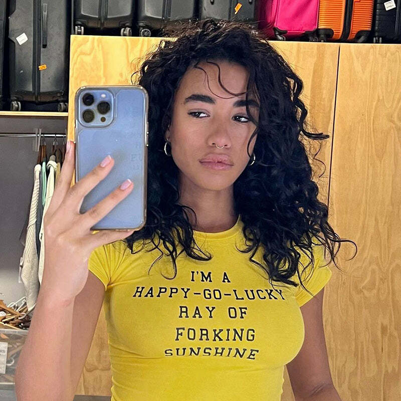 Sunshine Letter Print T-Shirt - Y2K Summer, 90s Grunge, Retro, Pastel Goth, Y2K Club Outfit