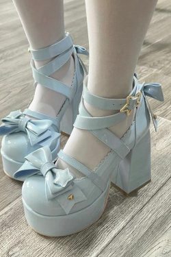 Sweet Bow Blue Mary Janes High Heels - Y2K Summer, 90s Fashion, Grunge, Retro, Pastel Goth