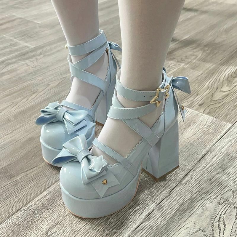 Sweet Bow Blue Mary Janes High Heels - Y2K Summer, 90s Fashion, Grunge, Retro, Pastel Goth