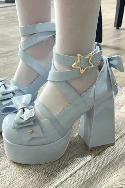 Sweet Bow Blue Mary Janes High Heels - Y2K Summer, 90s Fashion, Grunge, Retro, Pastel Goth