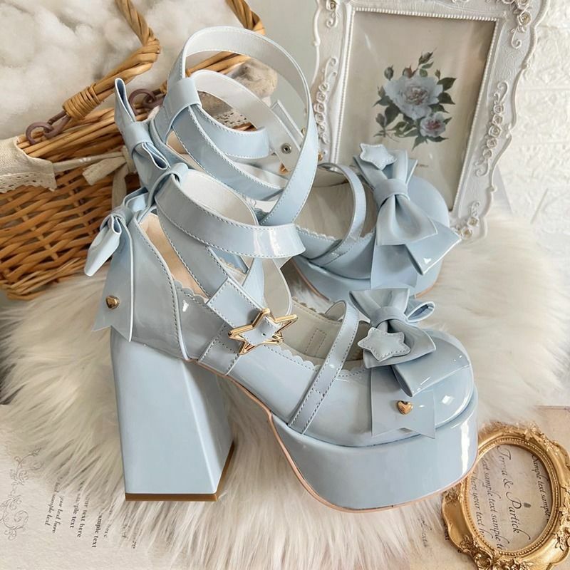 Sweet Bow Blue Mary Janes High Heels - Y2K Summer, 90s Fashion, Grunge, Retro, Pastel Goth
