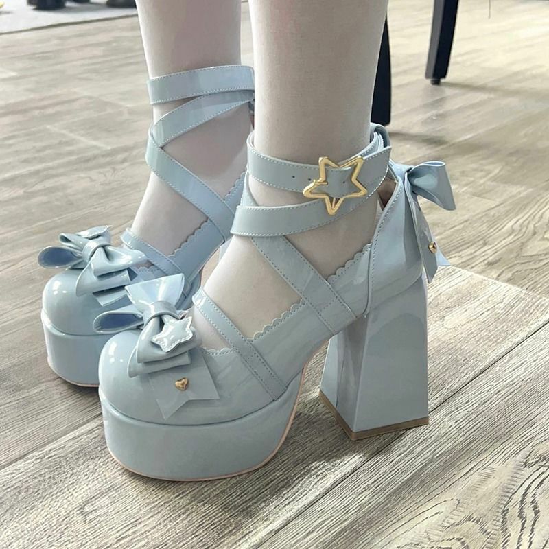 Sweet Bow Blue Mary Janes High Heels - Y2K Summer, 90s Fashion, Grunge, Retro, Pastel Goth