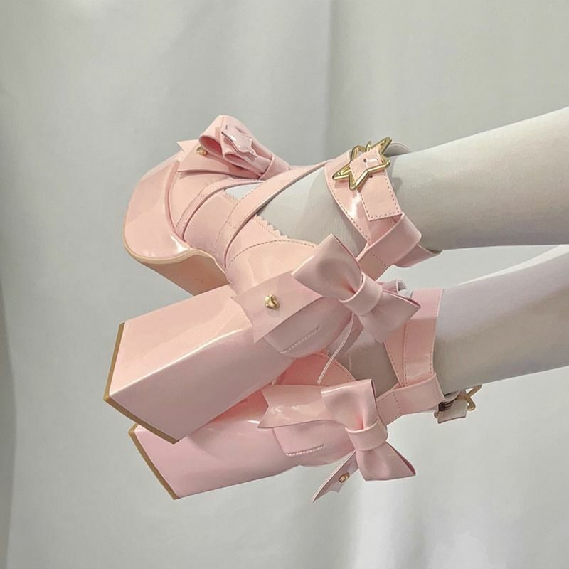 Sweet Bow Pink Mary Janes High Heels - Y2K Summer, 90s Fashion, Grunge, Retro, Pastel Goth
