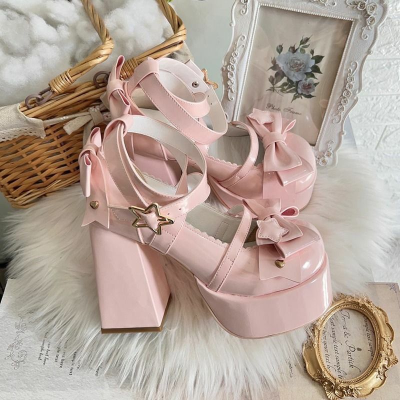 Sweet Bow Pink Mary Janes High Heels - Y2K Summer, 90s Fashion, Grunge, Retro, Pastel Goth