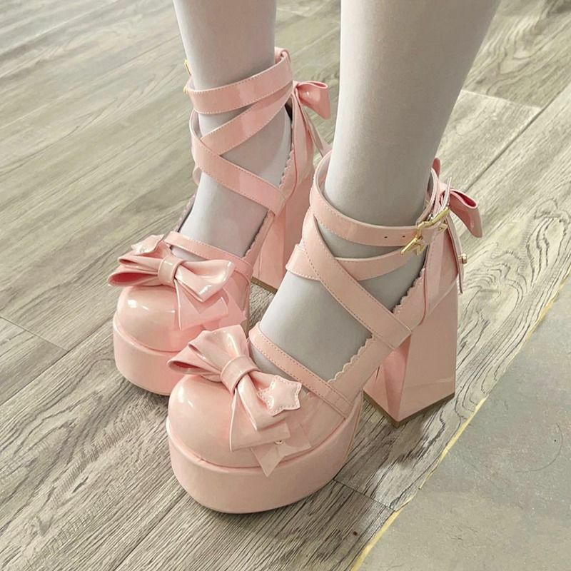 Sweet Bow Pink Mary Janes High Heels - Y2K Summer, 90s Fashion, Grunge, Retro, Pastel Goth