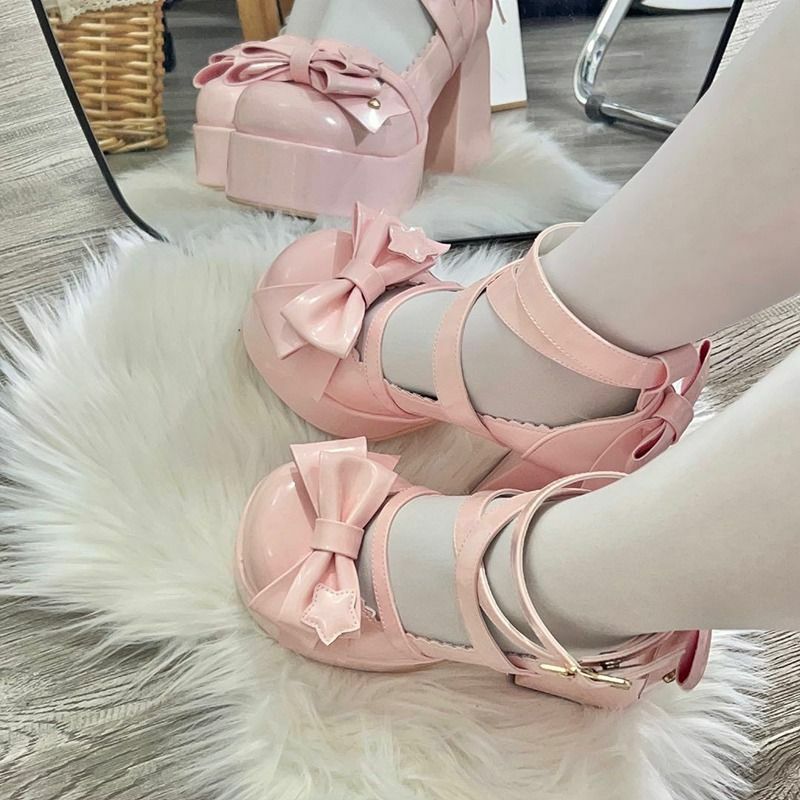 Sweet Bow Pink Mary Janes High Heels - Y2K Summer, 90s Fashion, Grunge, Retro, Pastel Goth