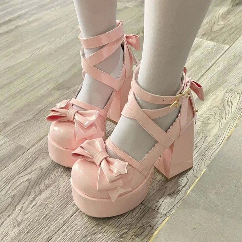 Sweet Bow Pink Mary Janes High Heels - Y2K Summer, 90s Fashion, Grunge, Retro, Pastel Goth