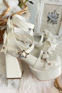 Sweet Bow White Mary Janes High Heels - Y2K Summer, 90s Grunge, Retro Party Outfit