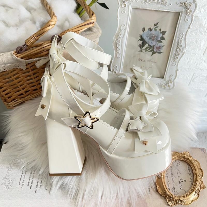 Sweet Bow White Mary Janes High Heels - Y2K Summer, 90s Grunge, Retro Party Outfit