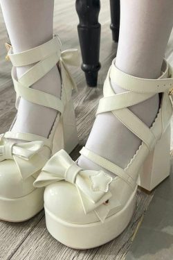 Sweet Bow White Mary Janes High Heels - Y2K Summer, 90s Grunge, Retro Party Outfit