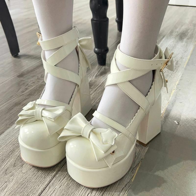 Sweet Bow White Mary Janes High Heels - Y2K Summer, 90s Grunge, Retro Party Outfit