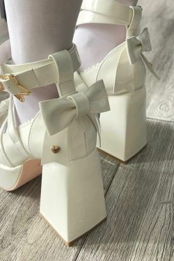 Sweet Bow White Mary Janes High Heels - Y2K Summer, 90s Grunge, Retro Party Outfit