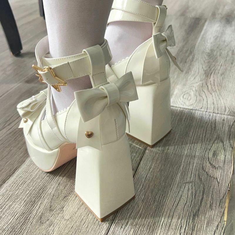 Sweet Bow White Mary Janes High Heels - Y2K Summer, 90s Grunge, Retro Party Outfit