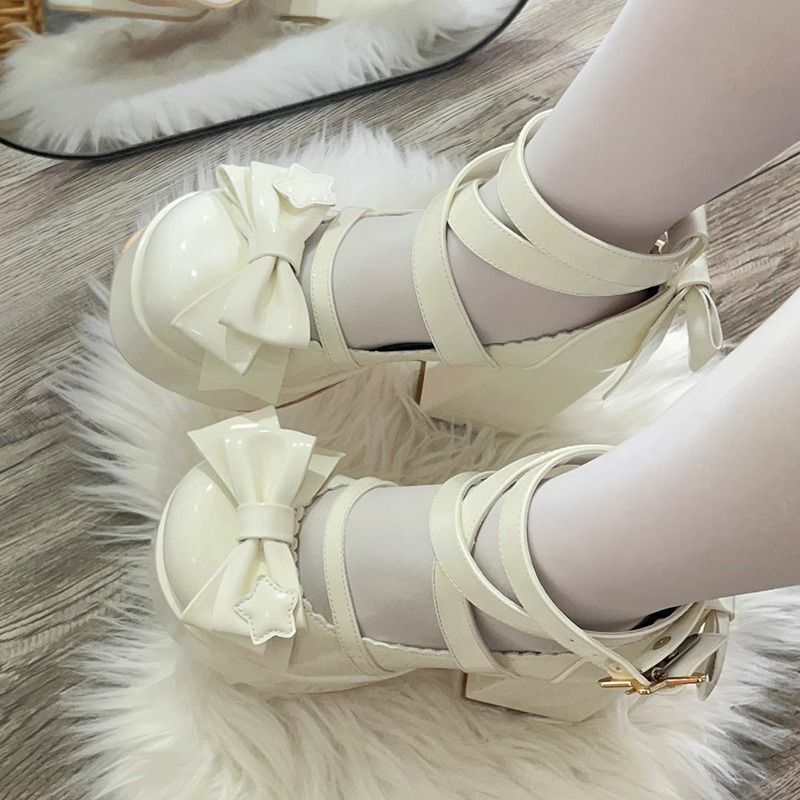 Sweet Bow White Mary Janes High Heels - Y2K Summer, 90s Grunge, Retro Party Outfit